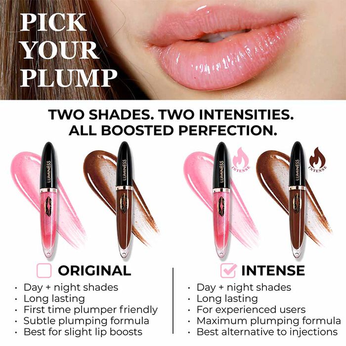 Luminess Cosmetics Hot Kiss Brown Sugar Lip Plumper applicator and product bottle with caution message stating the lip plumper may cause a tingling sensation and is 100% needle free.